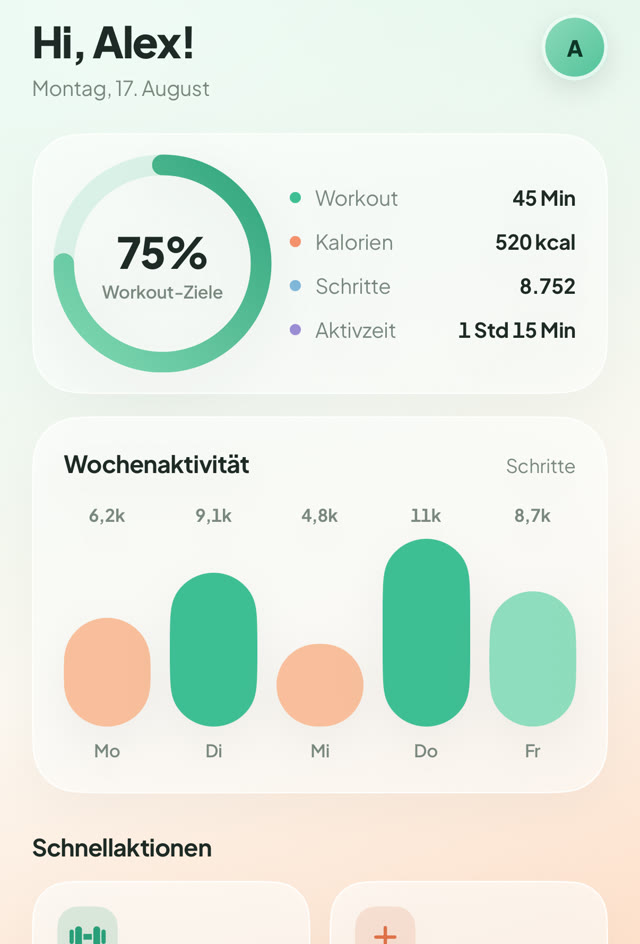 Die Tagesübersicht in XFitConnect: Fortschrittsring mit 75 Prozent, Workout, Kalorien, Schritte und ein Balkendiagramm der Woche.